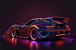 neon illuminato gli sport auto su un' riflessivo superficie. generativo ai. foto