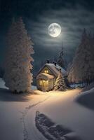 Casa nel il neve con un' pieno Luna nel il sfondo. generativo ai. foto