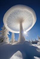 grande fungo seduta su superiore di un' neve coperto terra. generativo ai. foto