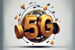 d'oro 5g cartello su superiore di un' globo. generativo ai. foto