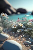 gruppo di fiori seduta su superiore di un' sabbioso spiaggia. generativo ai. foto