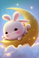 cartone animato coniglietto posa su un' mezzaluna nel il cielo. generativo ai. foto