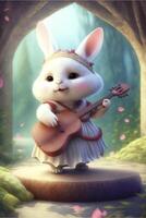 cartone animato coniglietto giocando un' chitarra nel un' foresta. generativo ai. foto