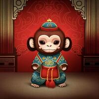 cartone animato scimmia vestito nel un' Cinese costume. generativo ai. foto