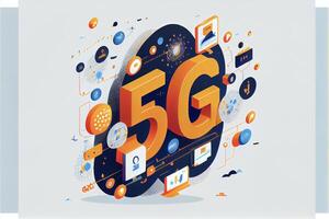 un illustrazione di un' 5g cartello circondato di icone. generativo ai. foto