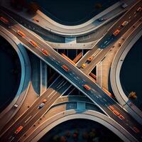 un aereo Visualizza di un' autostrada intersezione a notte. generativo ai. foto