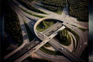 un aereo Visualizza di un' occupato autostrada intersezione. generativo ai. foto