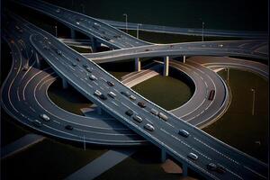 un aereo Visualizza di un' autostrada intersezione a notte. generativo ai. foto