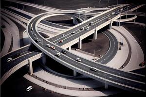 un aereo Visualizza di un' autostrada intersezione con multiplo corsie. generativo ai. foto
