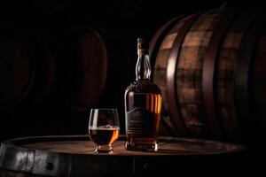 whisky bottiglia prende centro palcoscenico prima un anziano botte, evocando tradizione. generativo ai foto