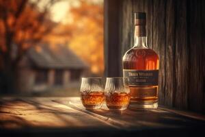 ricco whisky nel un' bicchiere, in bilico elegantemente su un' di legno tavolo. generativo ai foto