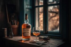 ricco whisky nel un' bicchiere, in bilico elegantemente su un' di legno tavolo. generativo ai foto