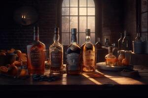 scotch Whisky bottiglie linea su, pronto per grazia mecenati bicchieri nel un' pub. generativo ai foto