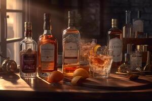 scotch Whisky bottiglie linea su, pronto per grazia mecenati bicchieri nel un' pub. generativo ai foto