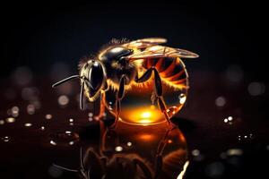 assolo miele ape brilla contro un' buio sfondo, rivelatrice bene particolari. generativo ai foto