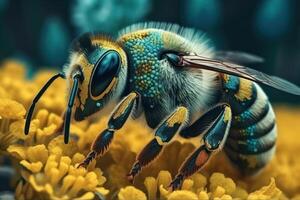 macro tiro di un' ape, difficile a opera raccolta nettare su vivace giallo fioritura. generativo ai foto