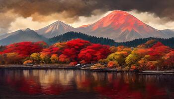 autunno stagione e montagna fuji a Kawaguchiko lago, Giappone. generativo ai foto