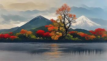 bellissimo paesaggio di montagna fuji con acero foglia albero in giro lago nel Yamanashi Giappone. generativo ai foto