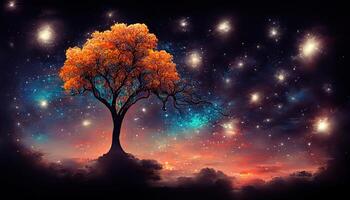eccezionale il albero nel il notte cielo, 3d illustrazione, 3d grafica, 3d rendering, dettagliato, colorato. generativo ai foto