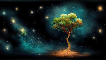 meraviglioso il albero nel il notte cielo, 3d illustrazione, 3d grafica, 3d rendering, dettagliato, colorato. generativo ai foto