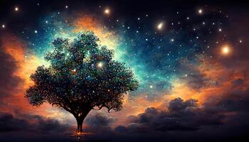 sorprendente il albero nel il notte cielo, 3d illustrazione, 3d grafica, 3d rendering, dettagliato, colorato. generativo ai foto