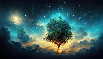 3d albero staglia albero contro un' illuminato dalla luna paesaggio. generativo ai foto