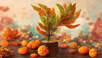 eccezionale autunno Schermo podio decorazione sfondo con arancia foglie, alberi, regalo scatola, Prodotto Schermo finto su. generativo ai foto