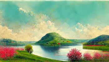 paesaggio lago e cielo giallo alberi e rosa erba 3d rendere. generativo ai foto