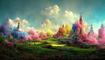 eccellente 3d interpretazione di un' colorato fantasia paesaggio, dettagliato, colorato. generativo ai foto