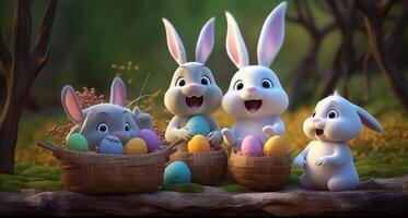 Pasqua giorno manifesto, carino coniglietto famiglia personaggi e Pasqua uova. generativo ai foto