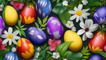 Pasqua sfondo, uovo modello, primavera le foglie e fiori, generativo ai foto