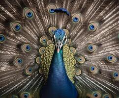dettagliato ritratto di un' bellissimo pavone, generativo ai foto