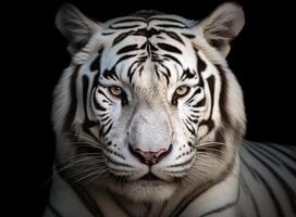 dettagliato ritratto di bianca tigre viso, isolato su nero sfondo. generativo ai foto
