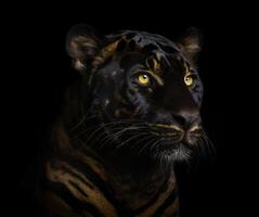 dettagliato ritratto di un' di tigre viso, isolato su nero sfondo. generativo ai foto