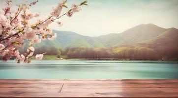 vuoto di legno tavolo con primavera ciliegia fiorire decorazione. sfocato bokeh montagna e lago Visualizza sfondo. copia spazio. per Prodotto Schermo. modelli, media, stampa, eccetera., creare ai foto