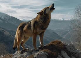 panoramico ritratto di lupo ruggente al di sopra di montagna, generativo ai foto