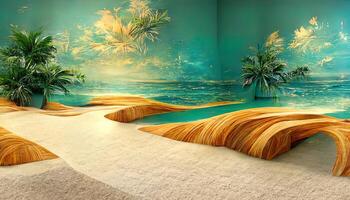 sorprendente 3d sfondo design con spiaggia e palma alberi per fotomurale. generativo ai foto