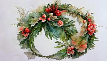 acquerello Natale floreale ghirlanda, mano disegnato botanico inverno impianti. generativo ai foto