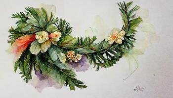 acquerello Natale floreale ghirlanda, mano disegnato botanico inverno impianti. generativo ai foto