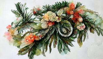 acquerello Natale floreale ghirlanda, mano disegnato botanico inverno impianti. generativo ai foto