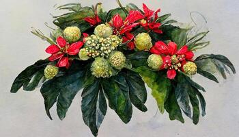 nuovo anno preparativi con poinsettia fiore, leccio, abete ramo con coni per design. generativo ai foto