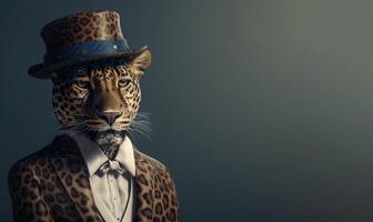 signore, il capo è un' formidabile macchiato leopardo nel un' cappello, completo da uomo e legare. bandiera intestazione. ai generato. foto