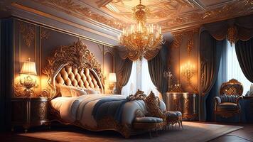 lusso reale Camera da letto interno con d'oro muri, lussuoso oro mobilia e drappeggio. ai generato foto