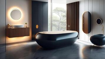 interno di moderno bagno con bianca muri, calcestruzzo pavimento, confortevole nero vasca da bagno e il giro specchio. ai generato foto