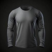 vuoto lungo manica grigio maglietta mockup, vicino su grigio maglietta su buio sfondo ,generativo ai foto