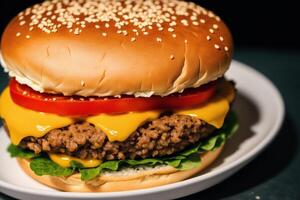 avvicinamento di gustoso Hamburger con formaggio e verdure su nero sfondo. generativo ai foto