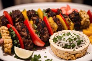 un' piatto con doner kebab su un' di legno tavolo. shish kebab, carne bastoni. generativo ai foto
