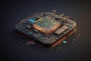 illustrazione di un' microchip con intricato circuiteria e futuristico disegni su suo superficie. ai generato foto