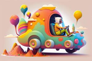 illustrazione di un' persona avventura attraverso un' cartone animato mondo, equitazione un' colorato cartone animato veicolo. ai generato foto