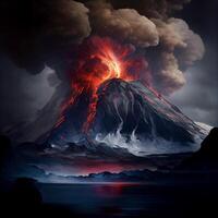 vulcano vomitando lava e lava in il aria. generativo ai. foto